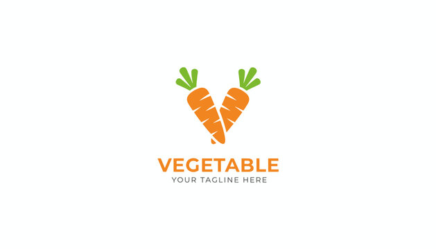 Organic vegetable logo design featuring two orange carrots crossed to form a letter V shape with bright green tops.