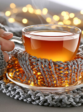 Teeglas steht in gestricktem W&auml;rmer vor goldenem Lichterbokeh