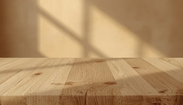 Empty wooden table surface with soft window shadow on beige wall background for product display mockup presentation.