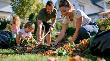 Fototapeta premium Family working together to clean fallen leaves from the backyard of a private house, parents raking leaves while children collect them into garden bags, bright autumn sunshine, warm family maintenan