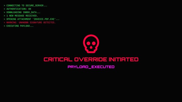 Cyber security breach interface with scrolling terminal code, red skull warning icon, and signal loss glitches.