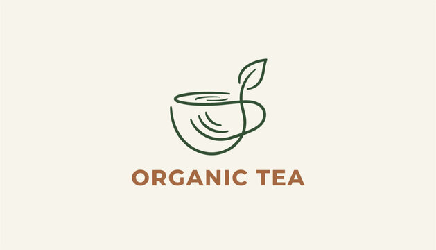 Organic tea brand logo design features a minimal green line art cup and a single leaf on a light cream background for a healthy beverage.