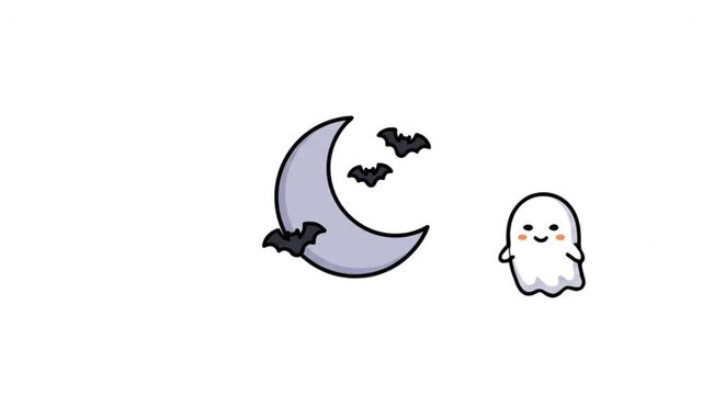 Cute Ghost, Spooky Spirit, Crescent Moon, and Bats Animation