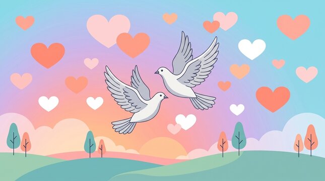 Two white doves flying together over a landscape with hearts in a pastel sky