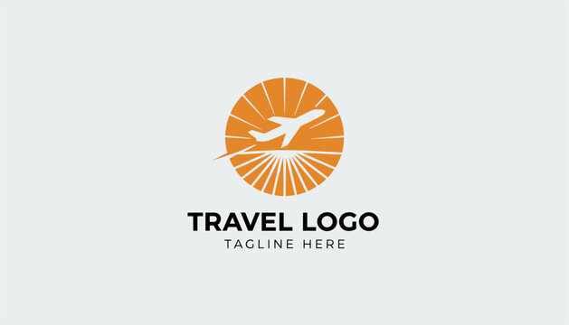 Travel logo features a white airplane silhouette soaring across a bright orange sun with radiating lines on a clean white background.