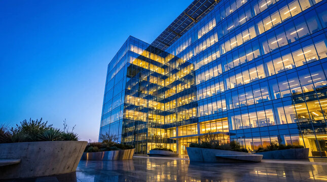 Modern glass office building exterior illuminated at dusk with reflective plaza with contemporary glass skyscraper skyscraper glowing interior