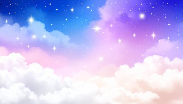 Cloudscape illustration with vibrant colors, fluffy clouds and sparky stars