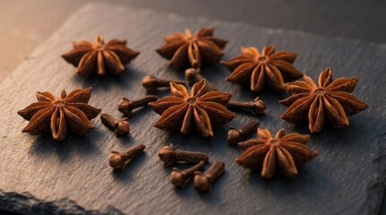 Fototapeta premium Aromatic Star Anise and Whole Clove Spices Arranged on a Textured Dark Slate Stone Board Culinary Background for Flavorful Recipes and Gourmet Cooking