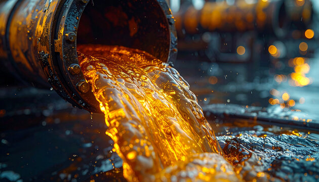 Industrial Waste Discharge: A close-up view of a rusty industrial pipe discharging a thick, golden, viscous liquid onto a dark, gritty surface, evoking a sense of pollution and industrial processes.