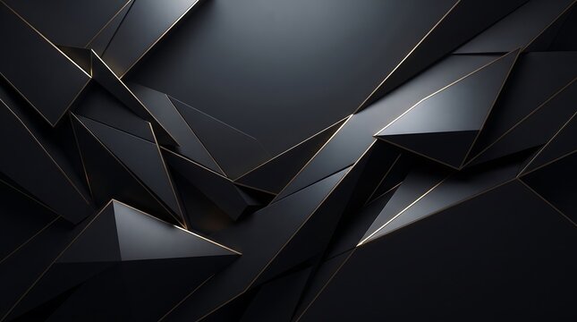 Abstract dark geometric background featuring sharp triangular shapes and polished black surfaces with thin gold glowing edges for modern digital design projects
