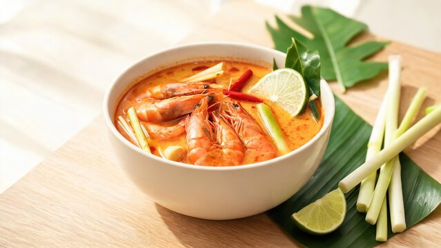 Spicy sour Thai tom yum goong soup with shrimp and aromatic herbs in ceramic bowl