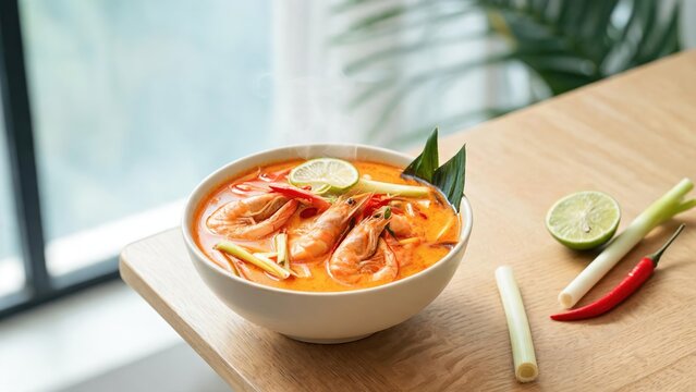 Spicy sour Thai tom yum goong soup with shrimp and aromatic herbs in ceramic bowl