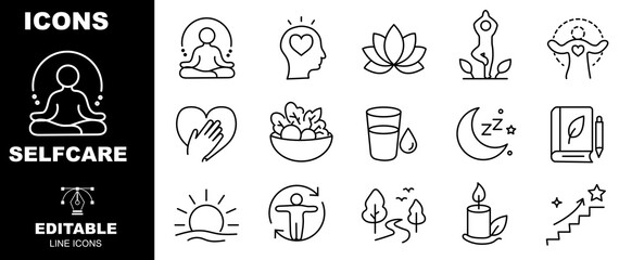 Obraz premium Wellness line icon set for mindfulness, meditation, sleep, health, relaxation, fitness, self care and more icon .
