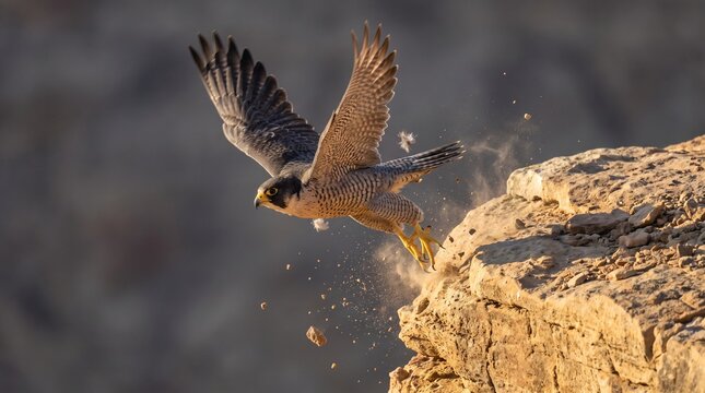 A majestic peregrine falcon launching into the air from a mountain cliff, showcasing powerful wings and hunting speed.