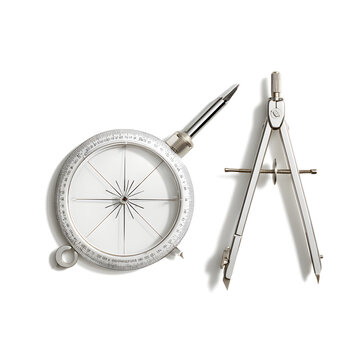 A silver compass and protractor laying on a white background, symbolizing precision and design.
