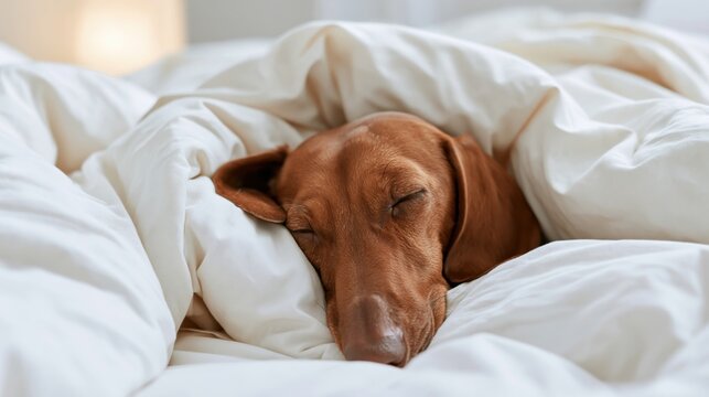 The sleeping dog wrapped in a soft white blanket in a serene bedroom