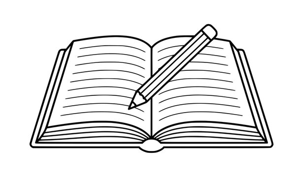 Open Diary with Pencil Line Art &ndash; Writing Journal Vector Illustration