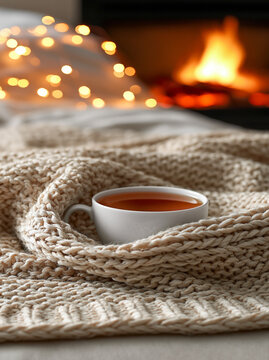 Teetasse in Strickdecke geh&uuml;llt vor lodernndem Kamin mit Lichtern