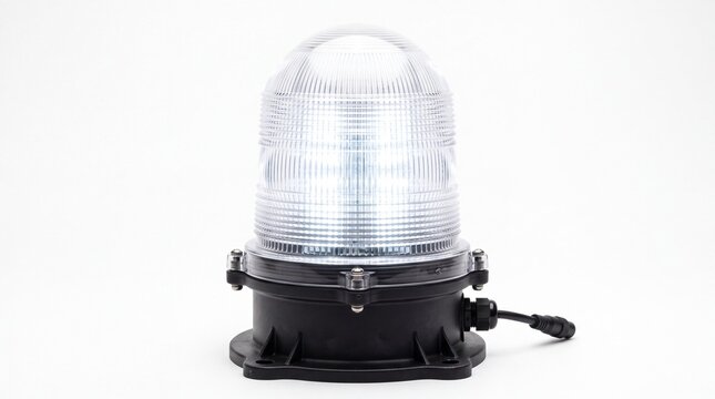 Industrial LED rotating beacon lamp with ribbed clear plastic lens casing displayed on white background