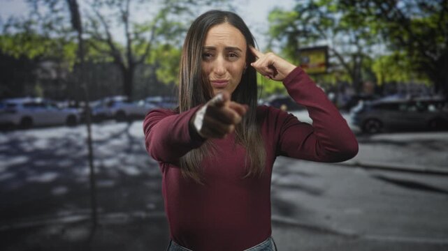 Young woman in burgundy top points finger at camera while tapping temple and squinting on a city street near parked cars; accusation.