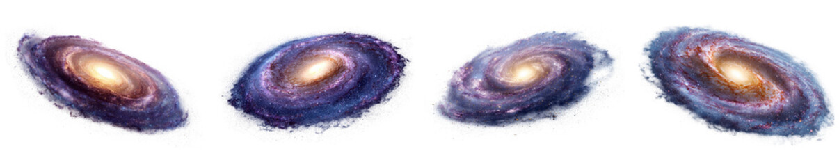 Fototapeta premium Four luminous spiral galaxies with detailed cosmic star fields isolated on transparent background