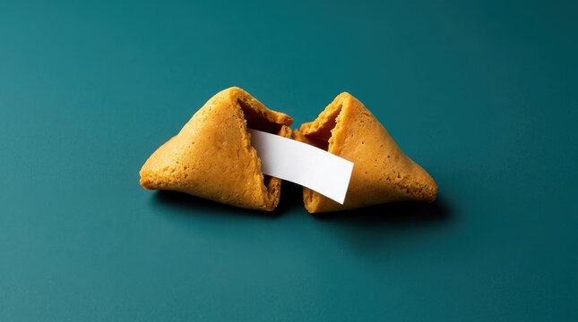 Broken Chinese Fortune Cookie With Blank Paper Strip On Teal Background For Custom Text Messages And Predictions For Future Luck And Prosperity