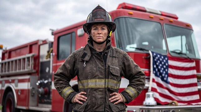Female firefighter in protective gear standing by fire truck. Brave woman fire fighter with American flag. Heroic first responder portrait.