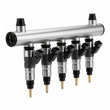 Fuel injection rail with five injectors isolated on white background