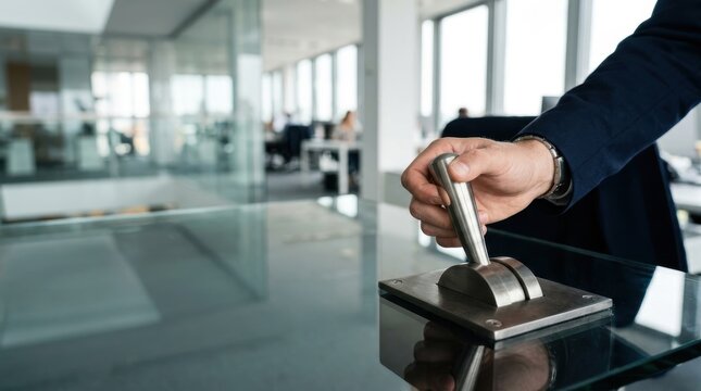 Business Professional Hand Pulling Industrial Lever Mechanism Concept for Corporate Decision Making Strategy or Power and Control in Modern Office
