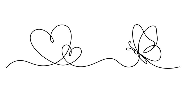 Continuous single line art drawing of a butterfly with two hearts
