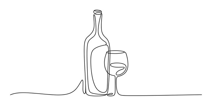 Continuous single line drawing of a wine bottle and a glass of wine