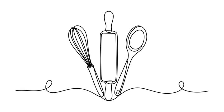 Continuous line drawing of kitchen tools like whisk roller and wooden spoon