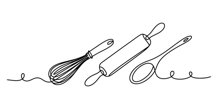 Continuous line drawing of kitchen tools like whisk roller and wooden spoon