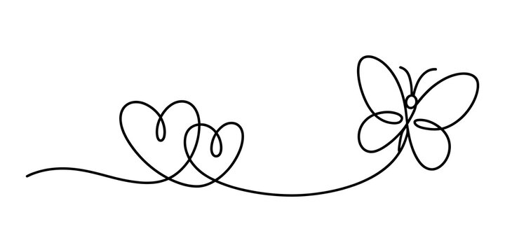 Continuous single line art drawing of a butterfly with two hearts