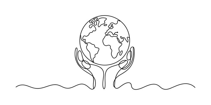 Continuous single line drawing of human hands holding the planet earth globe
