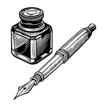 Vintage Ink Bottle and Fountain Pen Line Art &ndash; Hand Drawn Writing Illustration