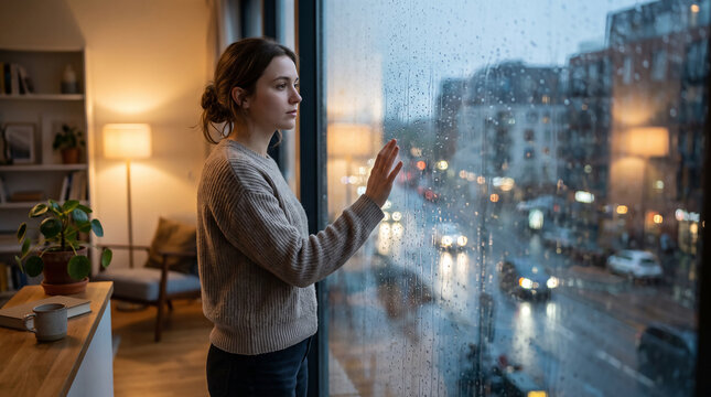 Thoughtful young woman standing by an apartment window watching city traffic on a rainy evening