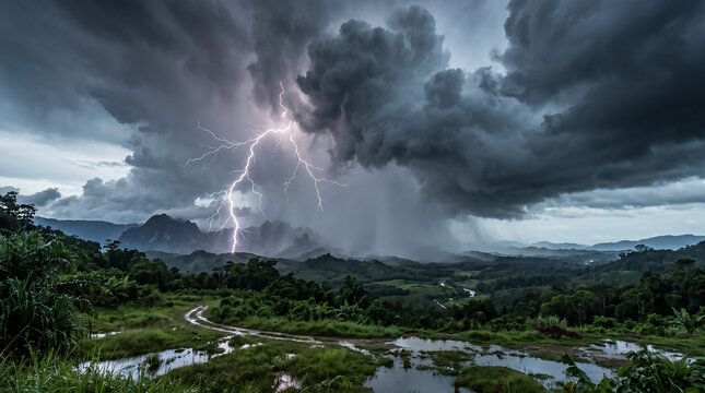 Massive lightning strike and heavy thunderstorm over a lush tropical valley landscape