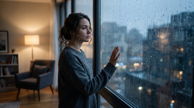 Thoughtful woman watching the rain through an apartment window at dusk