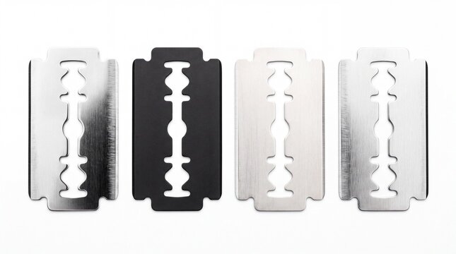 Four sharp metal razor blades arranged in a row displayed neatly on white background
