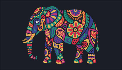 Obraz premium Majestic elephant silhouette filled with intricate colorful tribal patterns and floral ornaments, symbolizing creativity and cultural heritage.