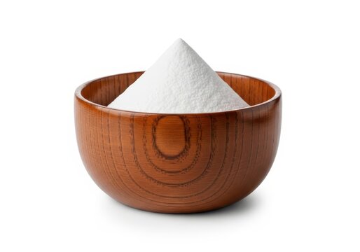 White Baking Soda Powder in a Small Wooden Bowl Isolated on White Background for Cooking and Cleaning