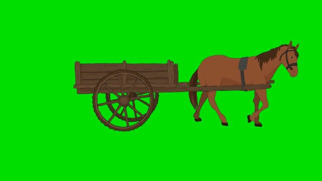 A 2d animation cartoon horse pulling a classic wooden cart on animation cartoon on green screen chromakey. ideal for professional video editors content creators stock    