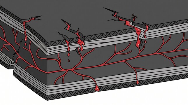 Micro-capillary network leaking blood through damaged tissue layers in isometric view.