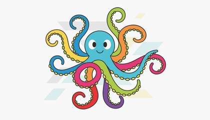 Fototapeta premium Colorful octopus character with eight tentacles, standing on abstract geometric shapes, featuring a playful and friendly cartoon design style.