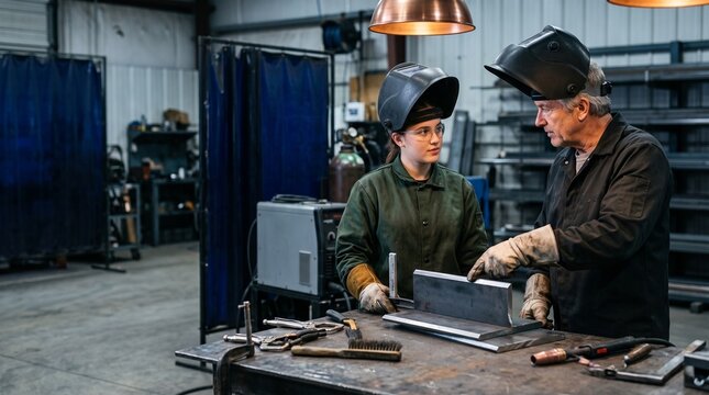 Mentor introduces an apprentice to precision welding work