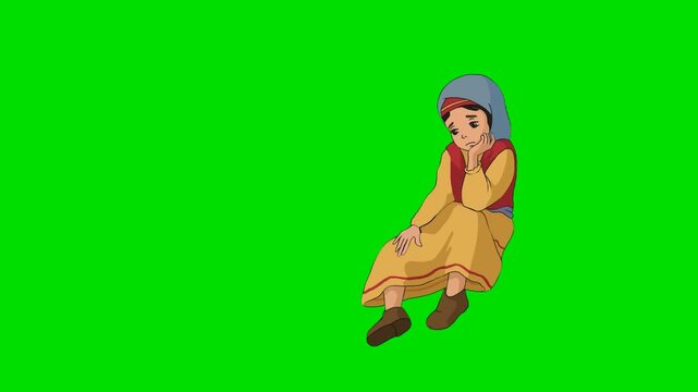 A 2d animation cartoon sad village girl sitting down on a background animation cartoon on green screen chromakey. ideal for professional video editors content creators stock   