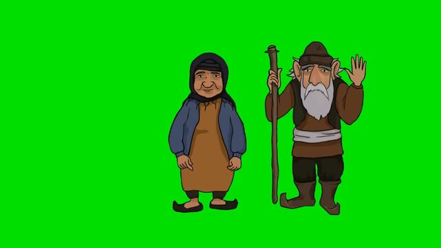 A 2d animation cartoon old village man with cane and senior woman standing together animation cartoon on green screen chromakey. ideal for professional video editors content creators stock 