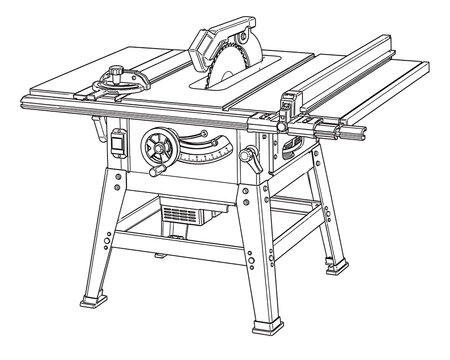 table saw, table saw illustration, black and white line art, woodworking machine, carpentry equipment, power saw, circular saw table, wood cutting tool, workshop equipment, industrial machinery, woodw