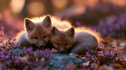 Naklejka premium The Fox Cubs Resting Together in Sunset Light Among Purple Heathers